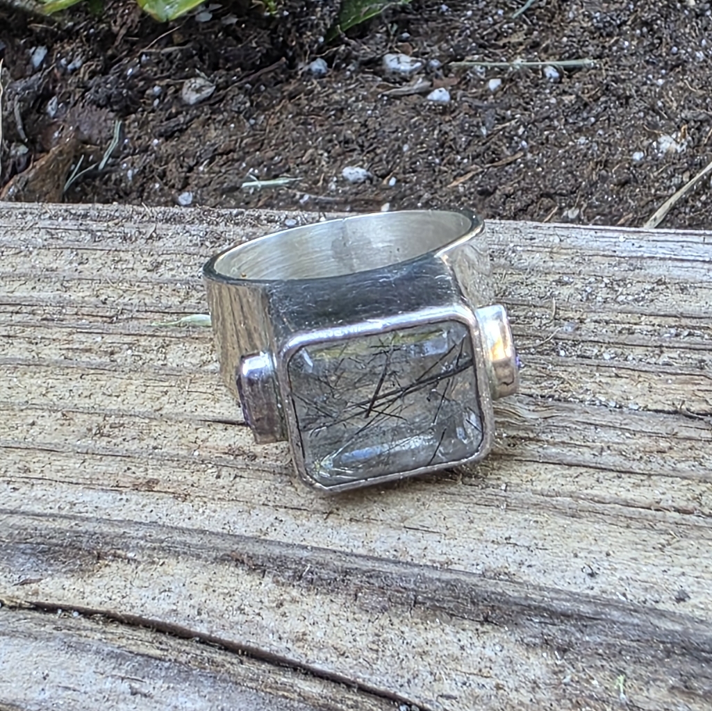 Black Rutilated Tourmaline Quartz With Amethyst In Sterling Silver Ring